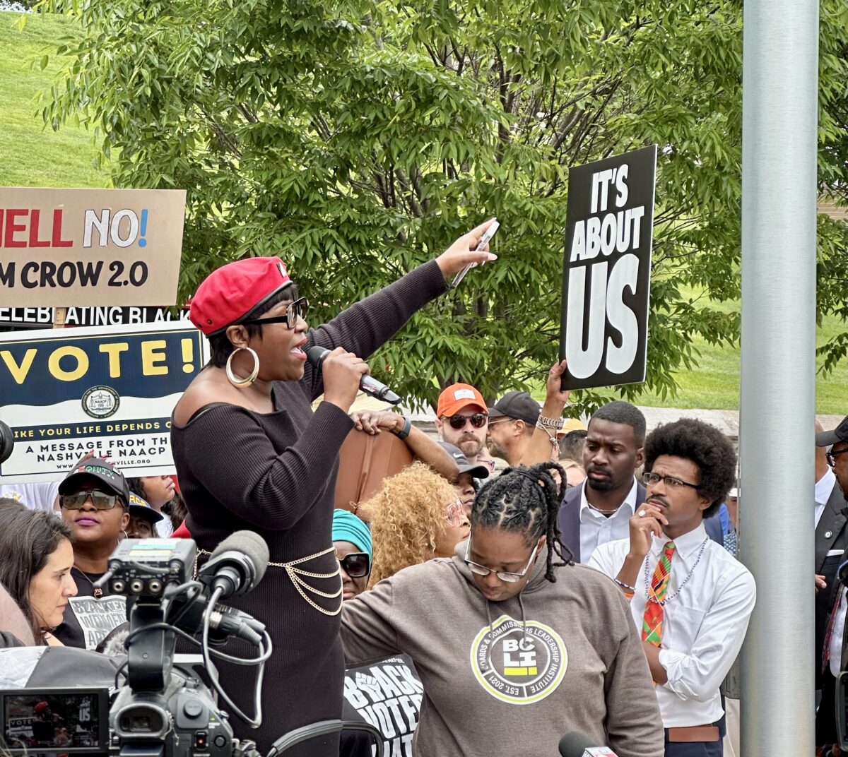 Equity Alliance CEO Tequila Johnson fires up a rally outside the Tennessee State Capitol on May 5, 2026. (The Progressive South)