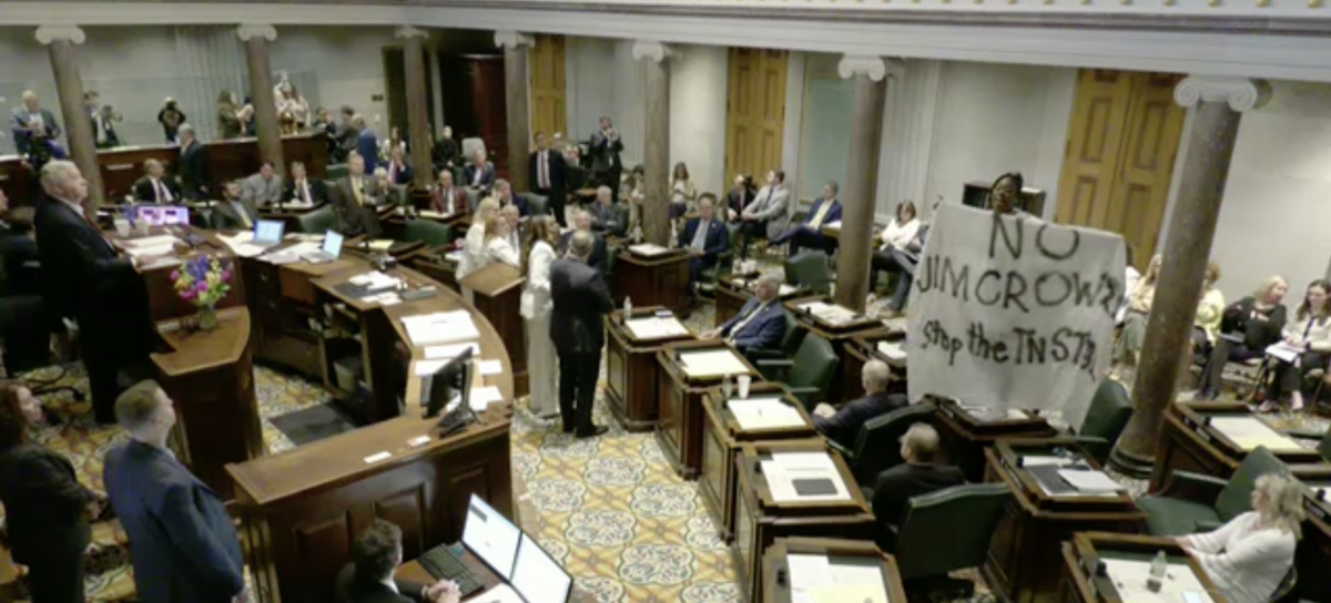 Senator Charlane Oliver, right, stands on her desk with a sheet painted with the words "No Jim Crow" as the state Senate prepares to cast it its final vote on the congressional maps on May 7, 2026 (Video/Tennessee General Assembly)